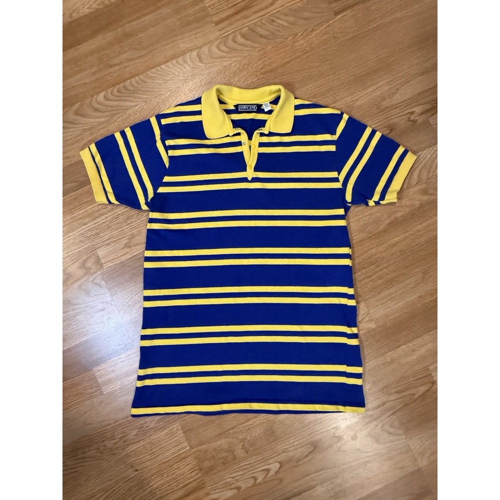 Vintage 70s 80s Lands End Polo Shirt Mens LG Blue Yellow Rugby USA Snap Retro